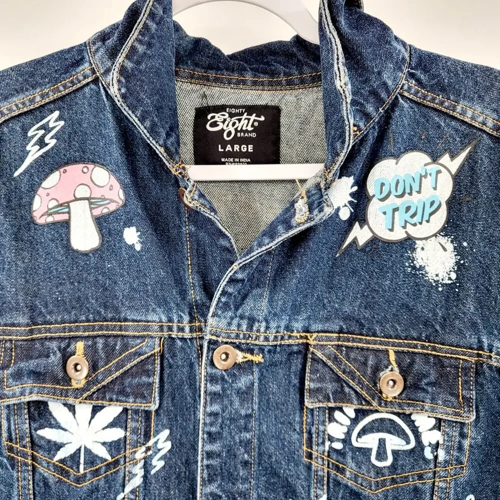 Eighty Eight Blue Jean 420 Don't Trip Stay Trippy Trucker Jacket Men's Size L